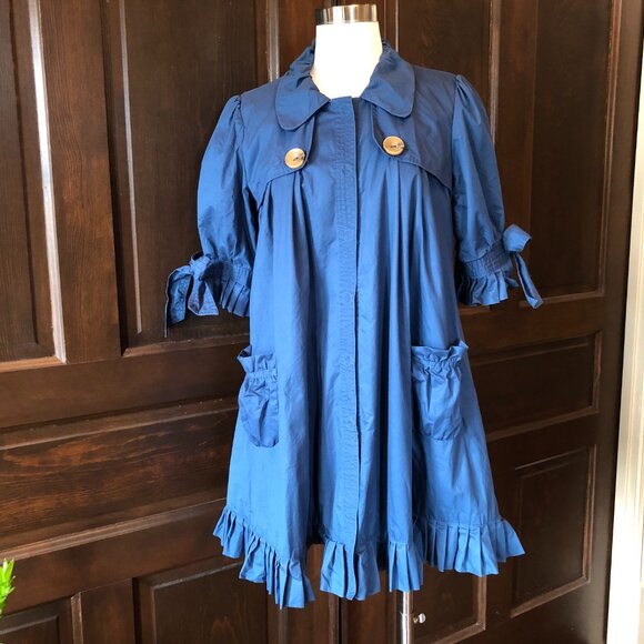 Grace and Desire Swing Coat Jacket Blue Pleated Ruffle Sz L Short Sleeve w/ Bow - Picture 13 of 13
